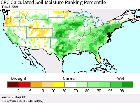 United States CPC Calculated Soil Moisture Ranking Percentile Thematic Map For 2/1/2019 - 2/5/2019