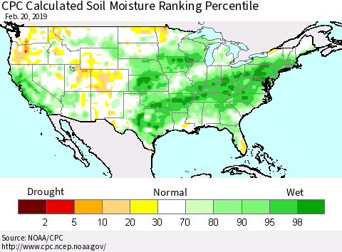 United States CPC Calculated Soil Moisture Ranking Percentile Thematic Map For 2/16/2019 - 2/20/2019