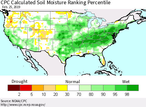 United States CPC Calculated Soil Moisture Ranking Percentile Thematic Map For 2/21/2019 - 2/25/2019