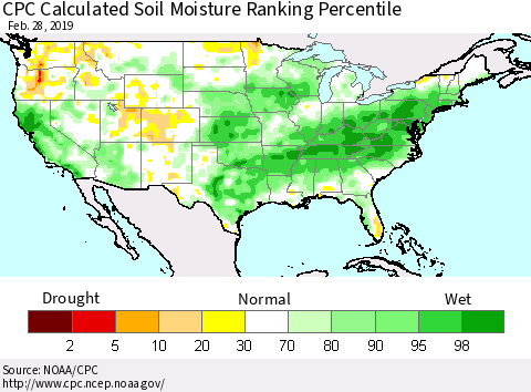United States CPC Calculated Soil Moisture Ranking Percentile Thematic Map For 2/26/2019 - 2/28/2019