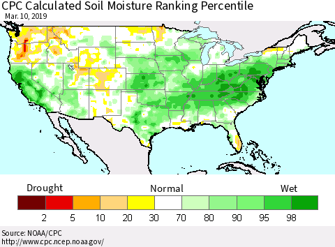 United States CPC Calculated Soil Moisture Ranking Percentile Thematic Map For 3/6/2019 - 3/10/2019