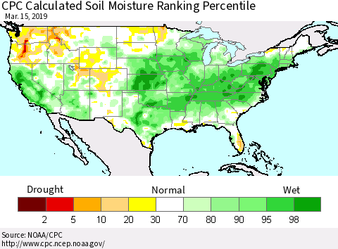 United States CPC Calculated Soil Moisture Ranking Percentile Thematic Map For 3/11/2019 - 3/15/2019