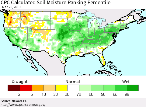United States CPC Calculated Soil Moisture Ranking Percentile Thematic Map For 3/16/2019 - 3/20/2019