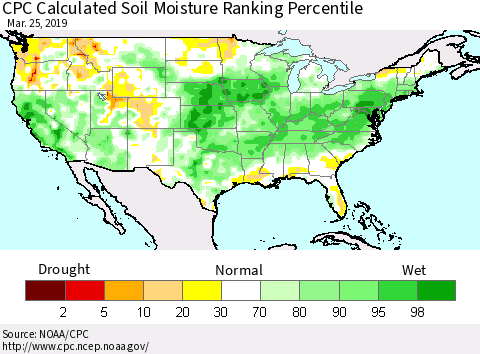 United States CPC Calculated Soil Moisture Ranking Percentile Thematic Map For 3/21/2019 - 3/25/2019