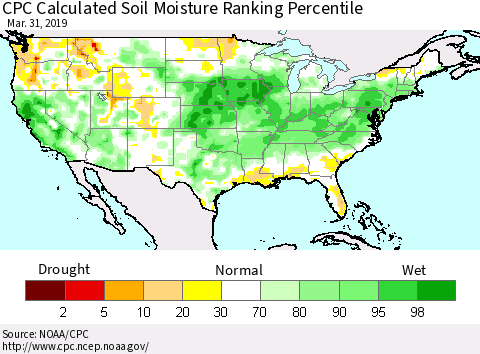 United States CPC Soil Moisture Ranking Percentile (Leaky Bucket) Thematic Map For 3/26/2019 - 3/31/2019