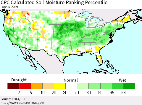 United States CPC Calculated Soil Moisture Ranking Percentile Thematic Map For 4/1/2019 - 4/5/2019