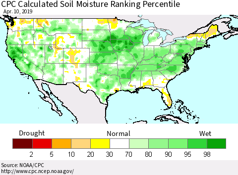 United States CPC Soil Moisture Ranking Percentile (Leaky Bucket) Thematic Map For 4/6/2019 - 4/10/2019