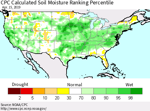 United States CPC Calculated Soil Moisture Ranking Percentile Thematic Map For 4/11/2019 - 4/15/2019