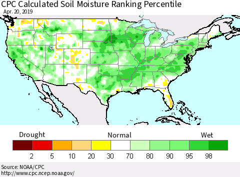 United States CPC Soil Moisture Ranking Percentile (Leaky Bucket) Thematic Map For 4/16/2019 - 4/20/2019