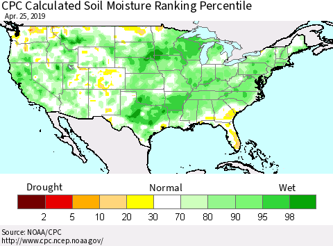 United States CPC Calculated Soil Moisture Ranking Percentile Thematic Map For 4/21/2019 - 4/25/2019
