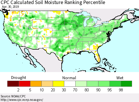 United States CPC Calculated Soil Moisture Ranking Percentile Thematic Map For 4/26/2019 - 4/30/2019