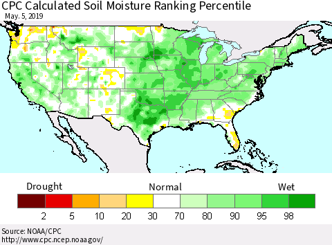 United States CPC Calculated Soil Moisture Ranking Percentile Thematic Map For 5/1/2019 - 5/5/2019