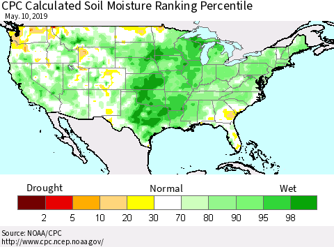 United States CPC Soil Moisture Ranking Percentile (Leaky Bucket) Thematic Map For 5/6/2019 - 5/10/2019