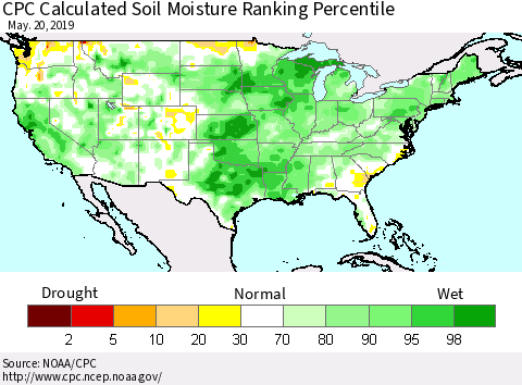 United States CPC Calculated Soil Moisture Ranking Percentile Thematic Map For 5/16/2019 - 5/20/2019