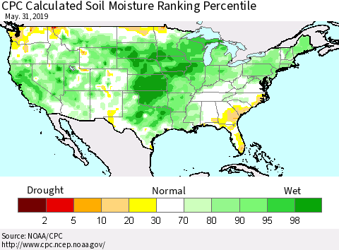 United States CPC Calculated Soil Moisture Ranking Percentile Thematic Map For 5/26/2019 - 5/31/2019