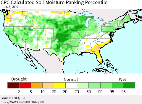United States CPC Calculated Soil Moisture Ranking Percentile Thematic Map For 6/1/2019 - 6/5/2019