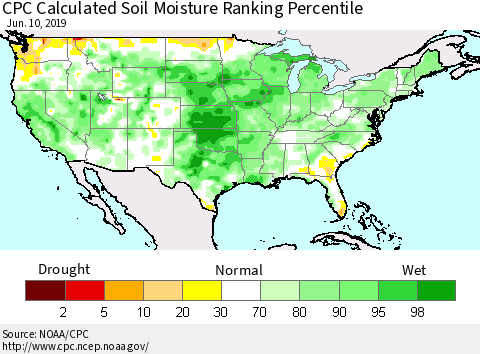 United States CPC Calculated Soil Moisture Ranking Percentile Thematic Map For 6/6/2019 - 6/10/2019
