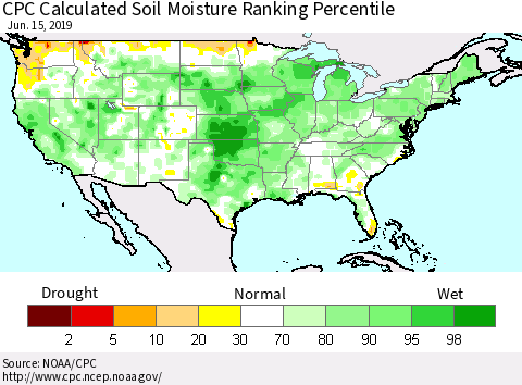 United States CPC Soil Moisture Ranking Percentile (Leaky Bucket) Thematic Map For 6/11/2019 - 6/15/2019