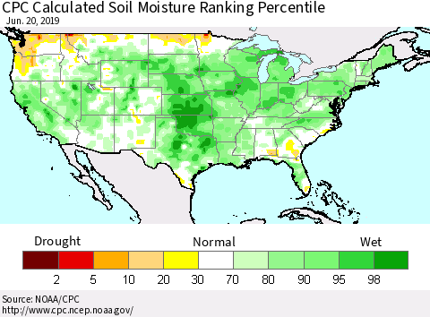United States CPC Soil Moisture Ranking Percentile (Leaky Bucket) Thematic Map For 6/16/2019 - 6/20/2019