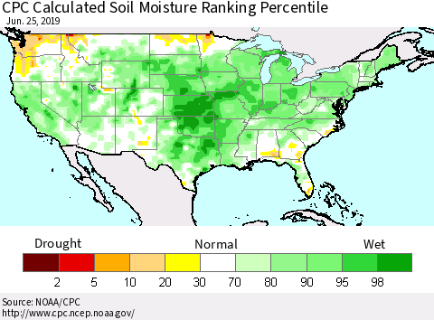 United States CPC Calculated Soil Moisture Ranking Percentile Thematic Map For 6/21/2019 - 6/25/2019