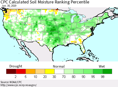 United States CPC Calculated Soil Moisture Ranking Percentile Thematic Map For 6/26/2019 - 6/30/2019