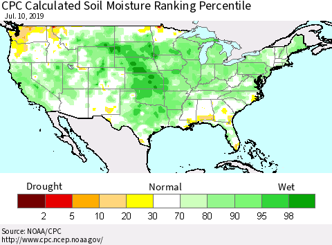 United States CPC Soil Moisture Ranking Percentile (Leaky Bucket) Thematic Map For 7/6/2019 - 7/10/2019