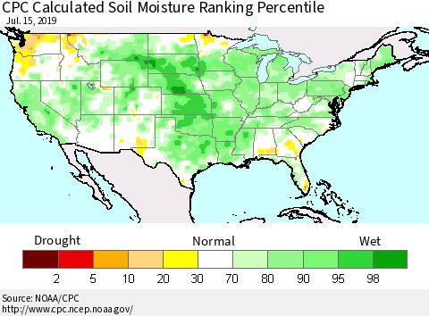 United States CPC Calculated Soil Moisture Ranking Percentile Thematic Map For 7/11/2019 - 7/15/2019
