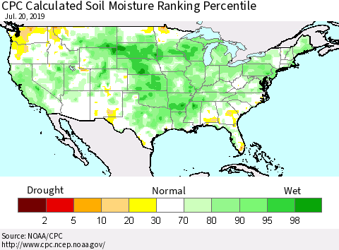 United States CPC Calculated Soil Moisture Ranking Percentile Thematic Map For 7/16/2019 - 7/20/2019