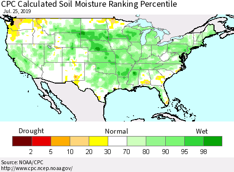 United States CPC Calculated Soil Moisture Ranking Percentile Thematic Map For 7/21/2019 - 7/25/2019