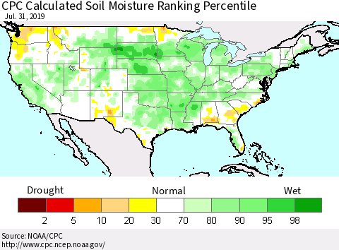 United States CPC Soil Moisture Ranking Percentile (Leaky Bucket) Thematic Map For 7/26/2019 - 7/31/2019