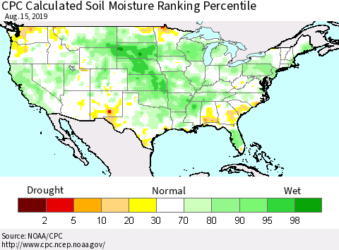 United States CPC Soil Moisture Ranking Percentile (Leaky Bucket) Thematic Map For 8/11/2019 - 8/15/2019