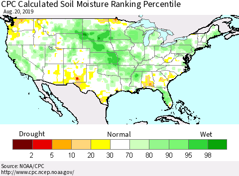 United States CPC Soil Moisture Ranking Percentile (Leaky Bucket) Thematic Map For 8/16/2019 - 8/20/2019