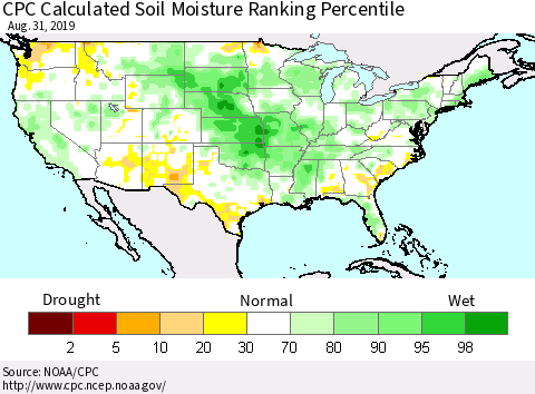 United States CPC Soil Moisture Ranking Percentile (Leaky Bucket) Thematic Map For 8/26/2019 - 8/31/2019