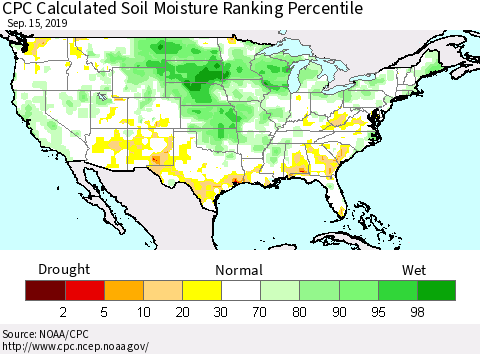 United States CPC Calculated Soil Moisture Ranking Percentile Thematic Map For 9/11/2019 - 9/15/2019