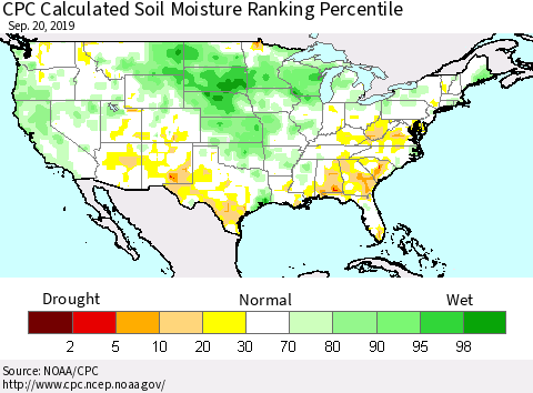 United States CPC Calculated Soil Moisture Ranking Percentile Thematic Map For 9/16/2019 - 9/20/2019