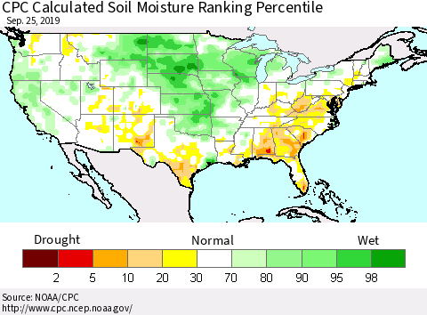United States CPC Calculated Soil Moisture Ranking Percentile Thematic Map For 9/21/2019 - 9/25/2019