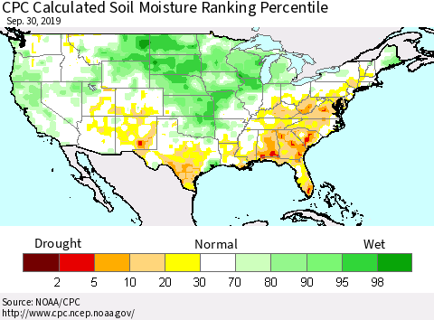 United States CPC Calculated Soil Moisture Ranking Percentile Thematic Map For 9/26/2019 - 9/30/2019
