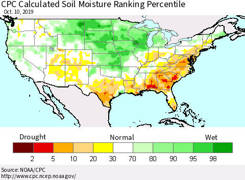 United States CPC Calculated Soil Moisture Ranking Percentile Thematic Map For 10/6/2019 - 10/10/2019