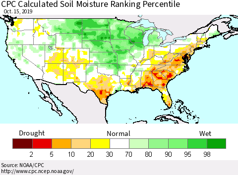 United States CPC Calculated Soil Moisture Ranking Percentile Thematic Map For 10/11/2019 - 10/15/2019