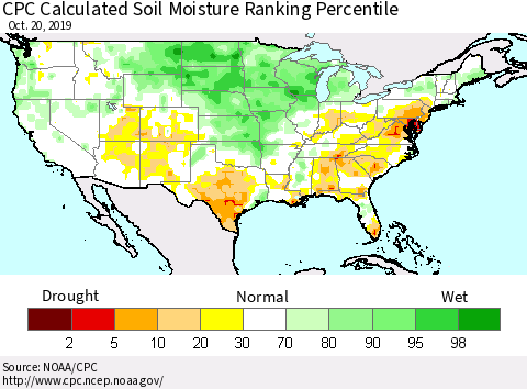 United States CPC Calculated Soil Moisture Ranking Percentile Thematic Map For 10/16/2019 - 10/20/2019