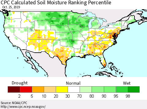 United States CPC Calculated Soil Moisture Ranking Percentile Thematic Map For 10/21/2019 - 10/25/2019