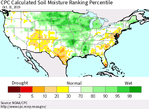 United States CPC Soil Moisture Ranking Percentile (Leaky Bucket) Thematic Map For 10/26/2019 - 10/31/2019