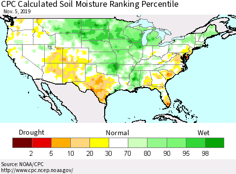 United States CPC Soil Moisture Ranking Percentile (Leaky Bucket) Thematic Map For 11/1/2019 - 11/5/2019