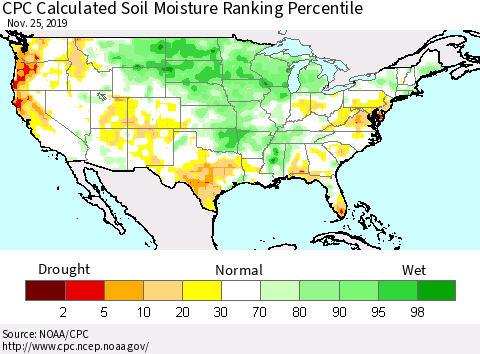United States CPC Calculated Soil Moisture Ranking Percentile Thematic Map For 11/21/2019 - 11/25/2019
