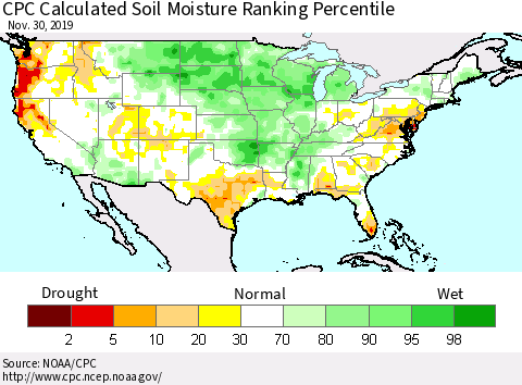 United States CPC Soil Moisture Ranking Percentile (Leaky Bucket) Thematic Map For 11/26/2019 - 11/30/2019