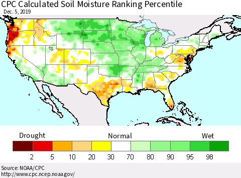 United States CPC Calculated Soil Moisture Ranking Percentile Thematic Map For 12/1/2019 - 12/5/2019
