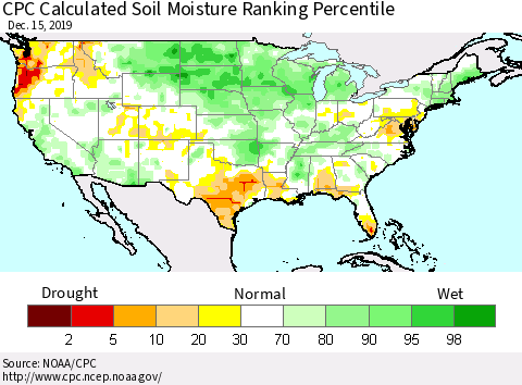 United States CPC Calculated Soil Moisture Ranking Percentile Thematic Map For 12/11/2019 - 12/15/2019
