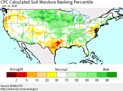 United States CPC Calculated Soil Moisture Ranking Percentile Thematic Map For 1/6/2020 - 1/10/2020