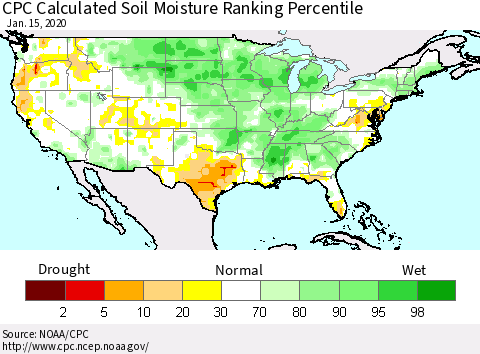 United States CPC Soil Moisture Ranking Percentile (Leaky Bucket) Thematic Map For 1/11/2020 - 1/15/2020
