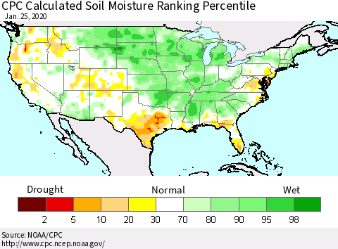 United States CPC Soil Moisture Ranking Percentile (Leaky Bucket) Thematic Map For 1/21/2020 - 1/25/2020